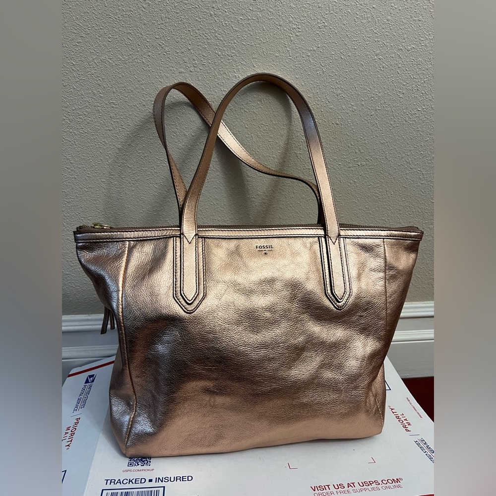 Fossil Genuine Leather Sydney Shopper Tote Shoulder Bag Metallic Pink Large